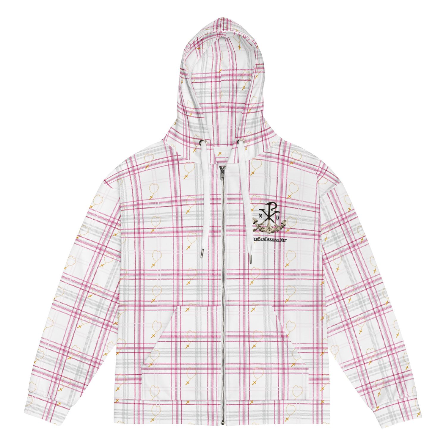Hoodie - Zip Up Pink &amp; White Plaid MerSea Designs Logo