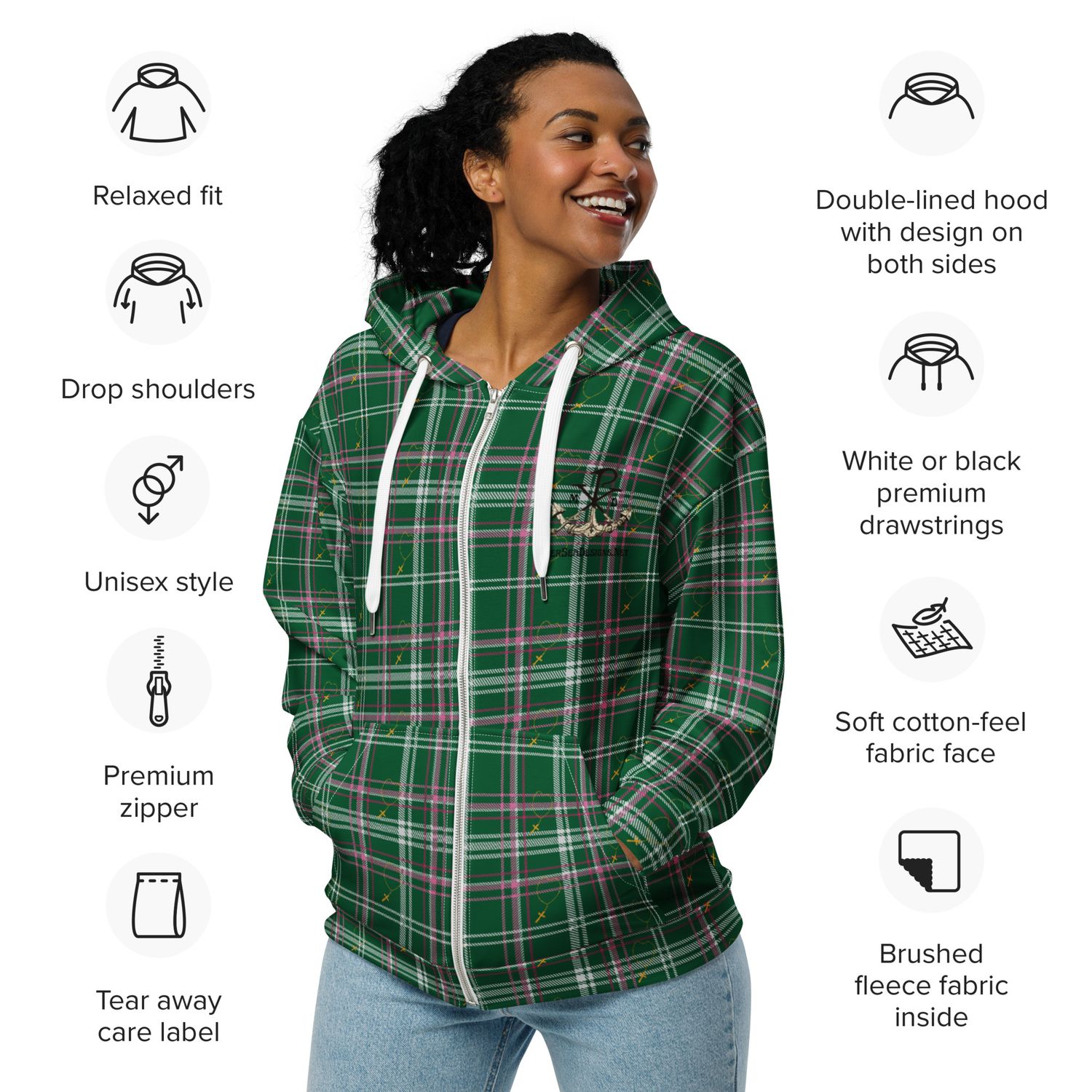 Hoodie - Zip Up - Green Plaid Rosary/MerSea Designs Logo
