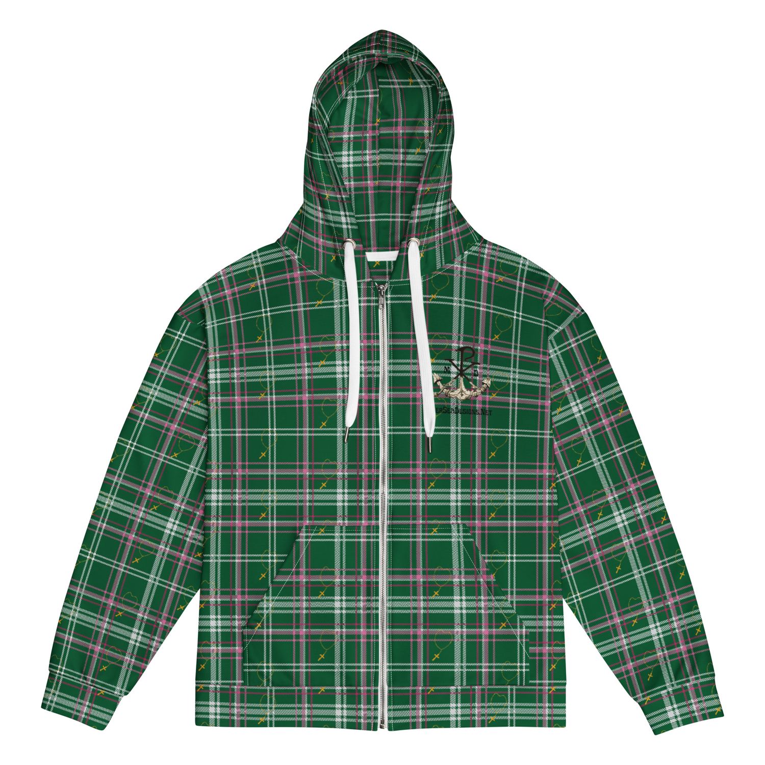 Hoodie - Zip Up - Green Plaid Rosary/MerSea Designs Logo