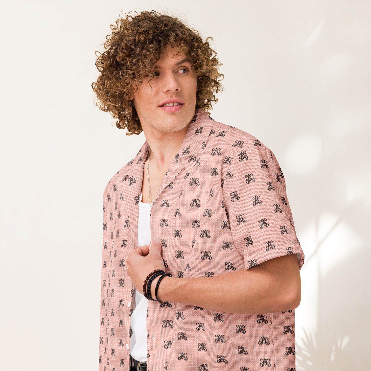 Button Up Shirt - Ave Maria Monogram - Red Linen