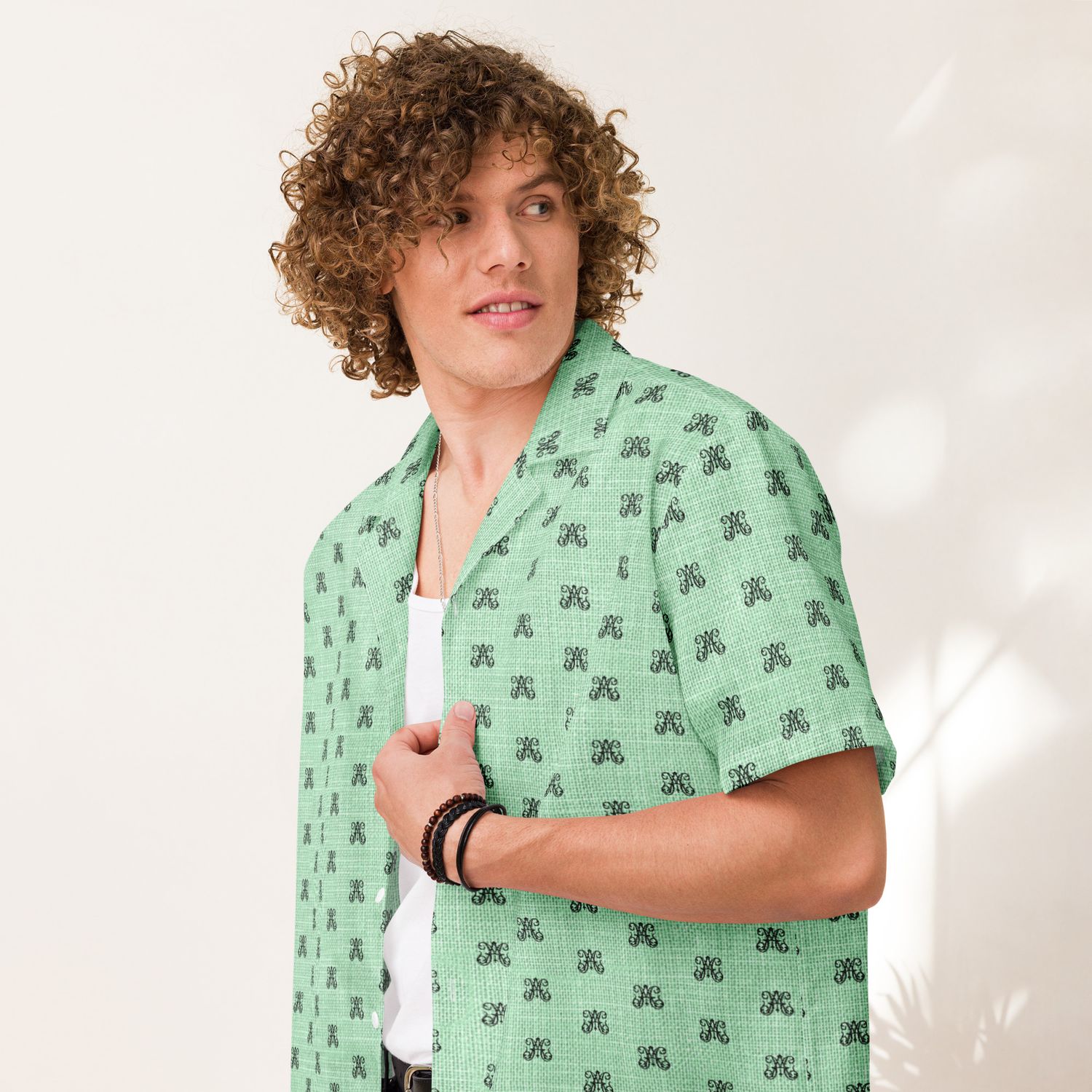 Button Up Shirt - Ave Maria Monogram - Sea Foam Green Linen