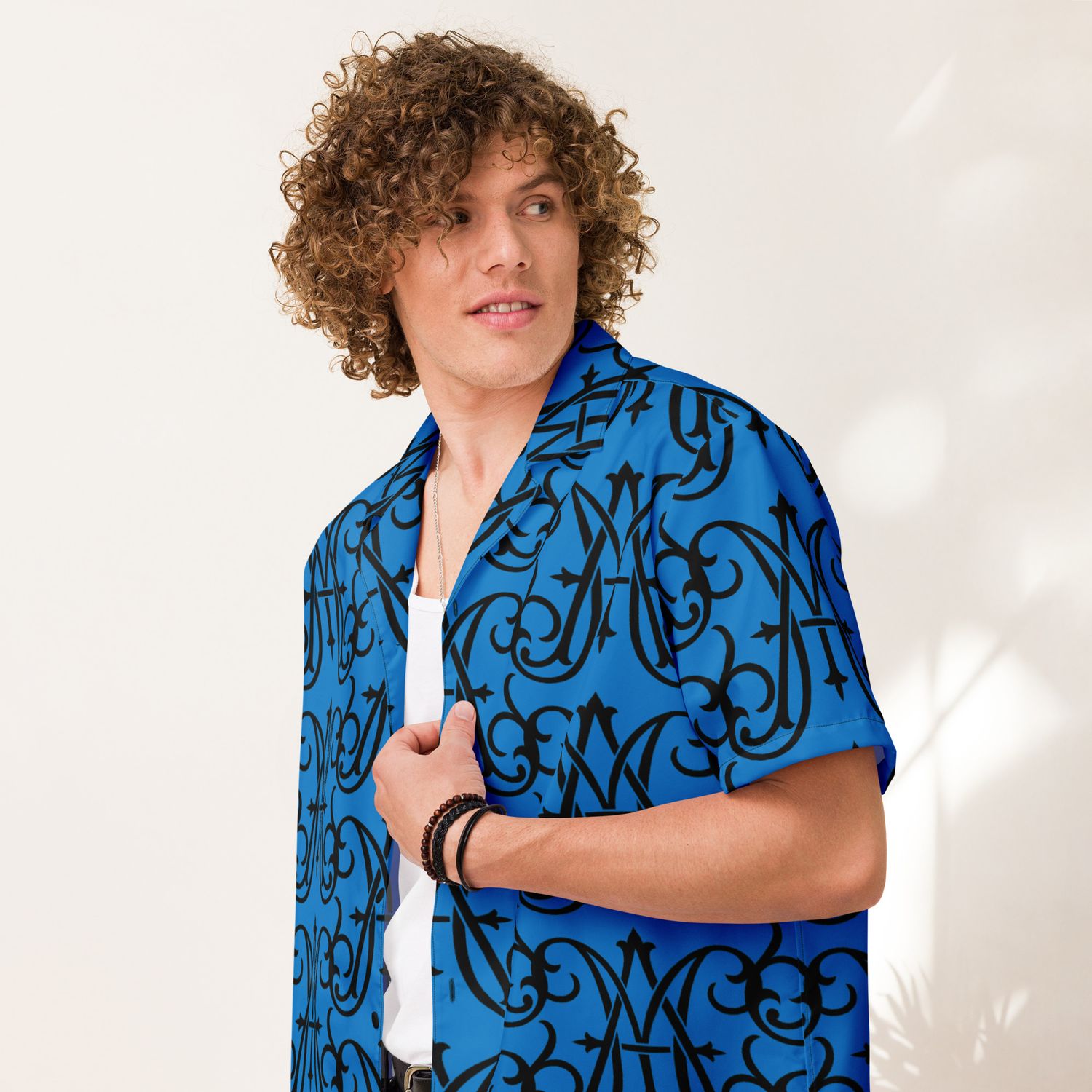 Button Up Shirt - Ave Maria Large Monogram - Blue