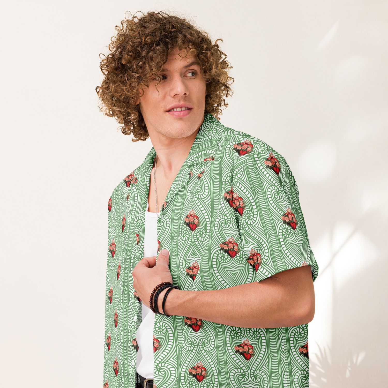 Button Up Shirt - Immac Heart of Mary on Green Tribal Background