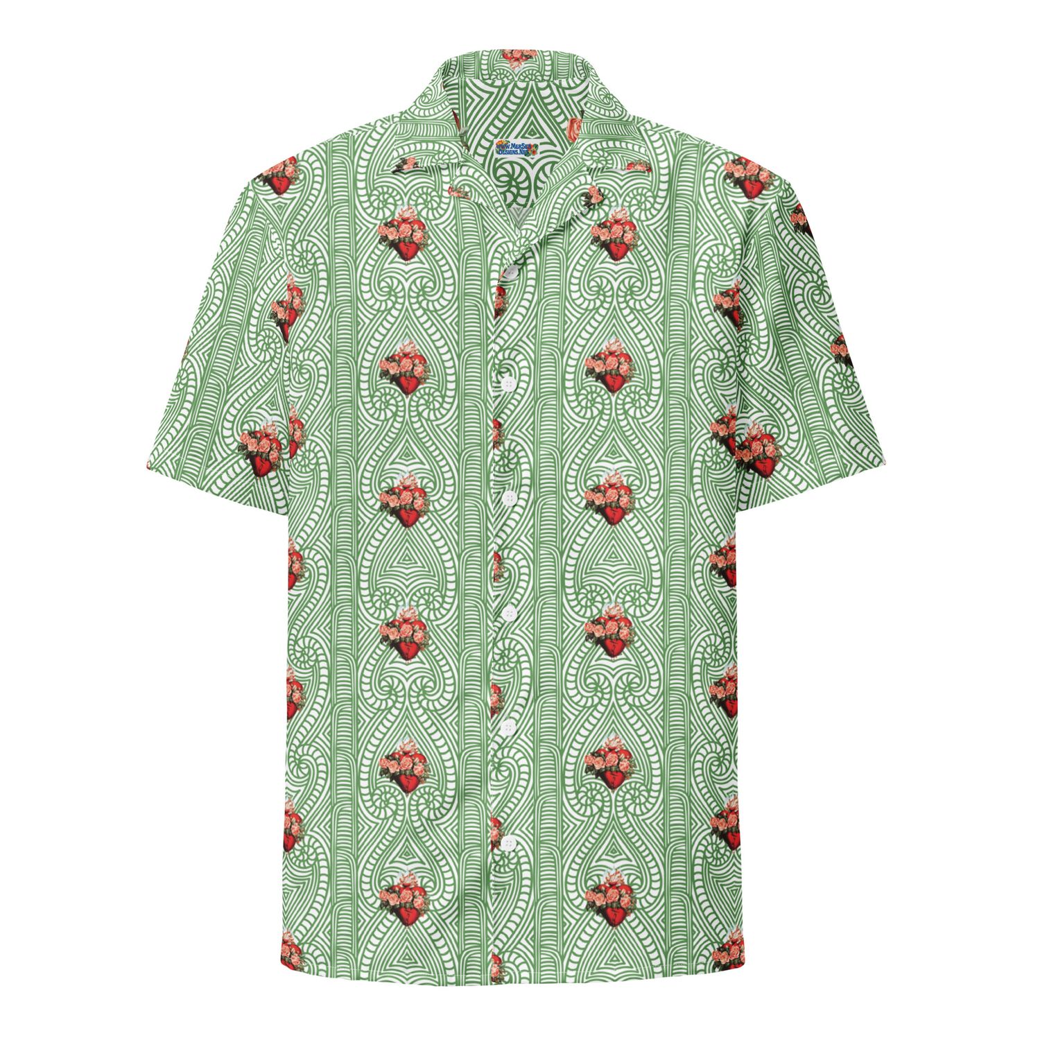 Button Up Shirt - Immac Heart of Mary on Green Tribal Background