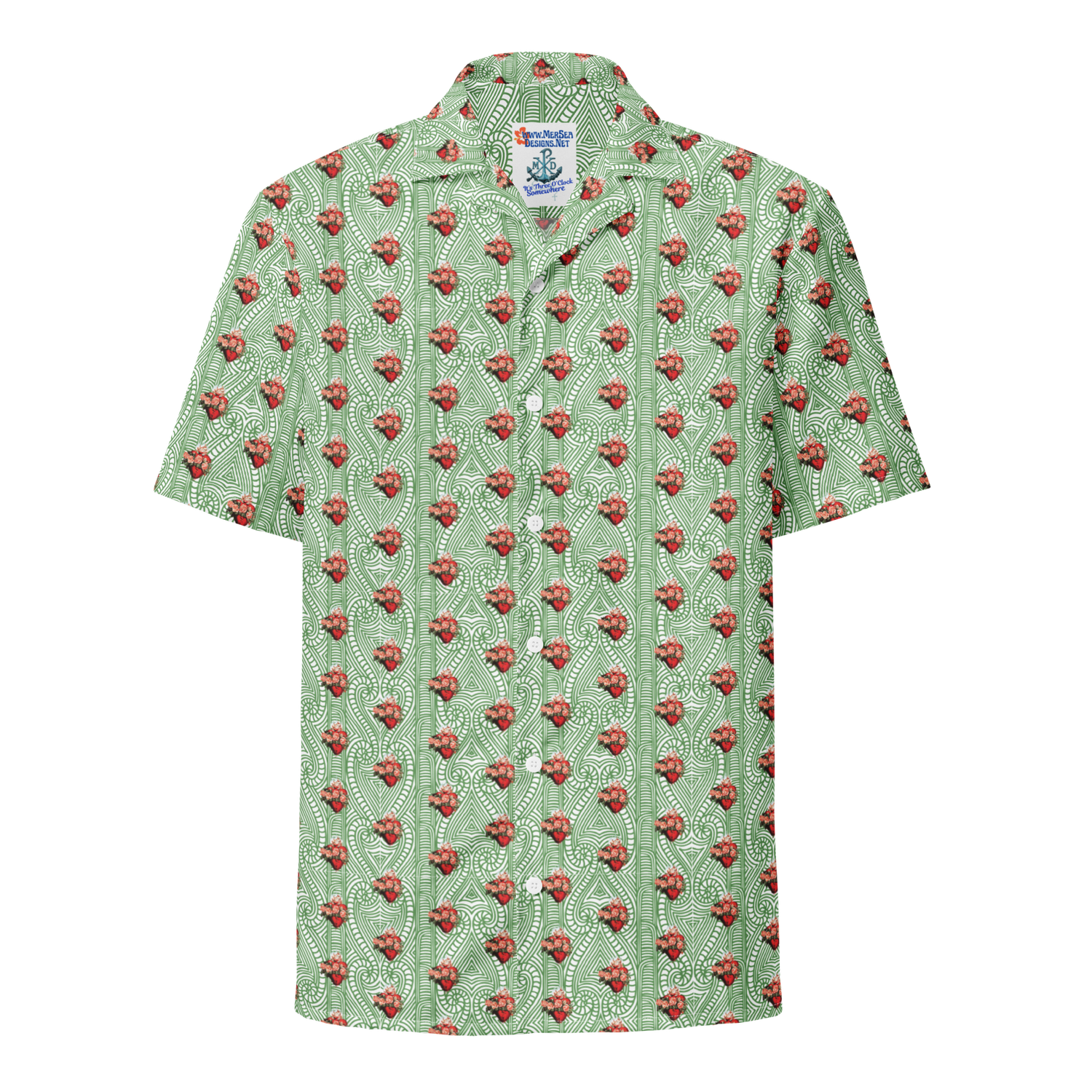 Button Up Shirt - Immac Heart of Mary on Green Tribal Background