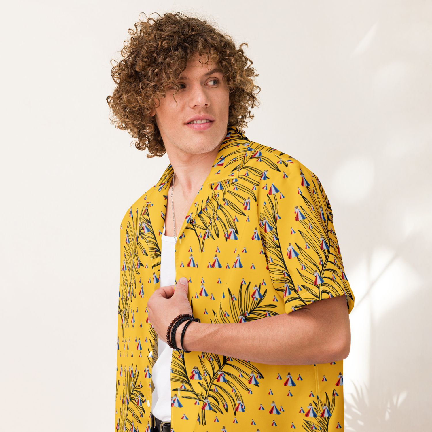 Button Up Shirt - Divine Mercy &amp; Palms - Yellow