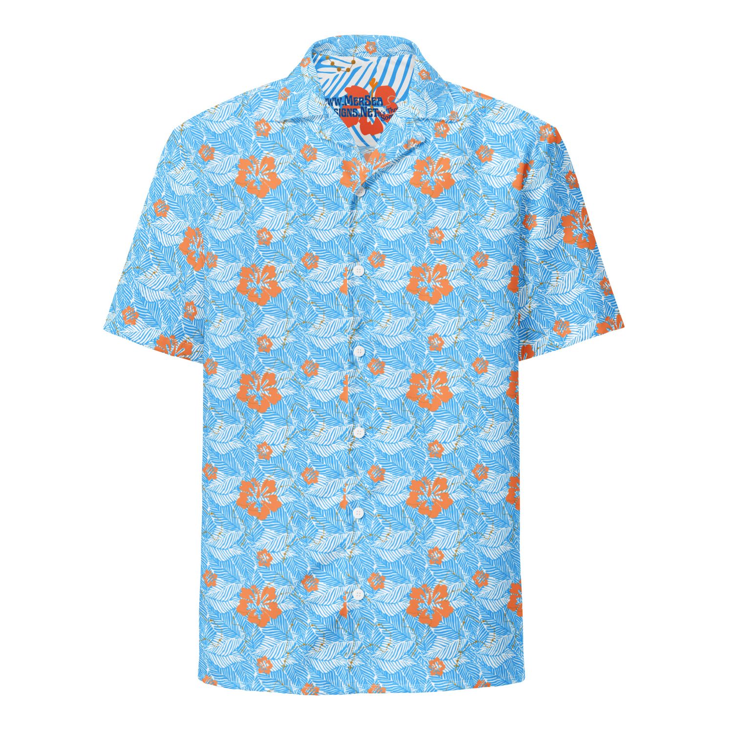 Button Up Shirt - Rosary and Hibiscus on Blue Palm Leaves