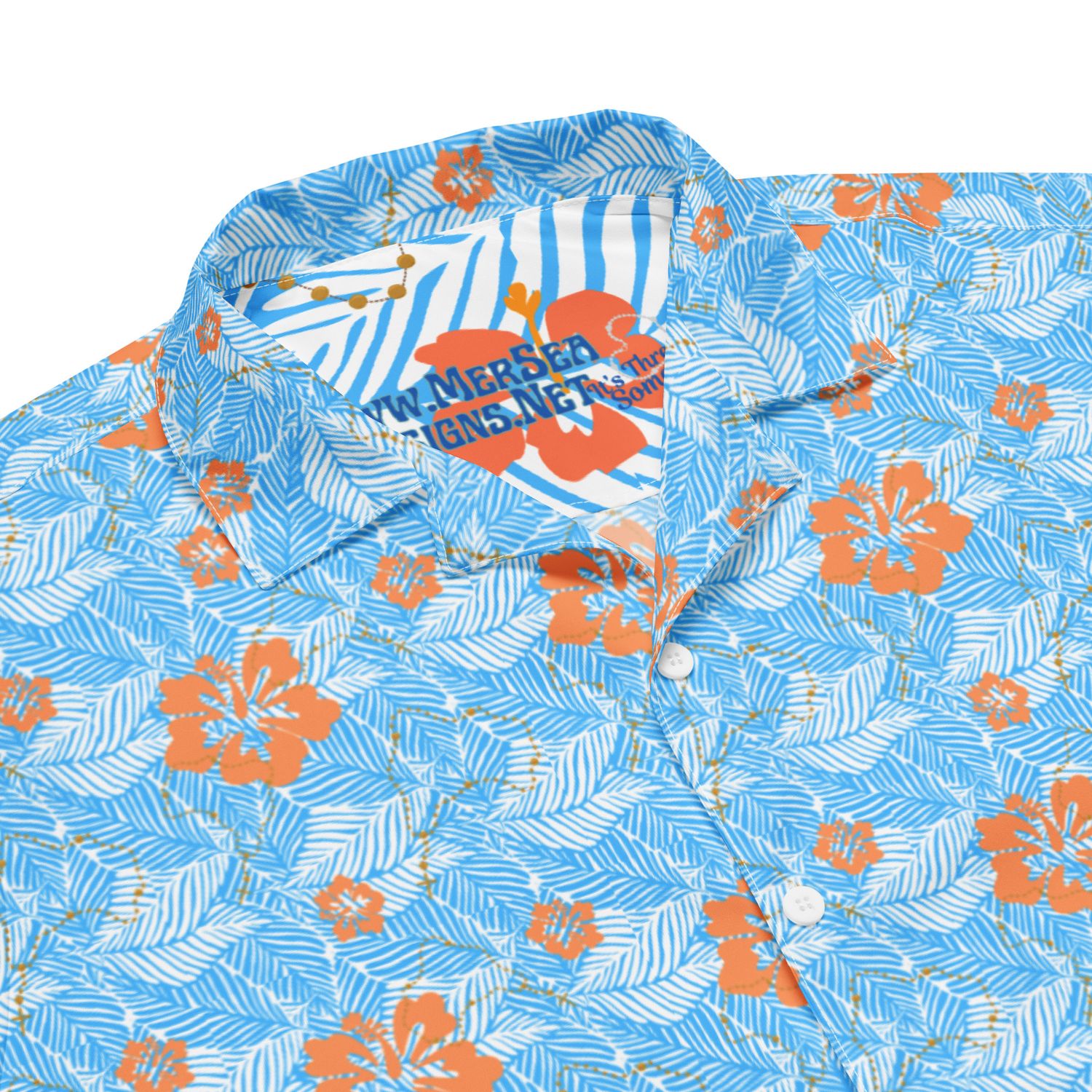 Button Up Shirt - Rosary and Hibiscus on Blue Palm Leaves
