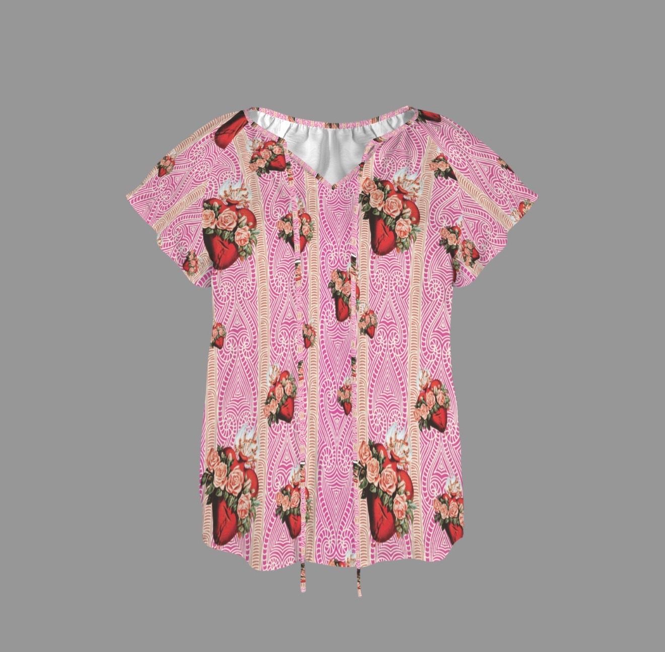 Ladies -Immaculate Heart of Mary on Pink Tribal Design - V-Neck Drawstring Blouse