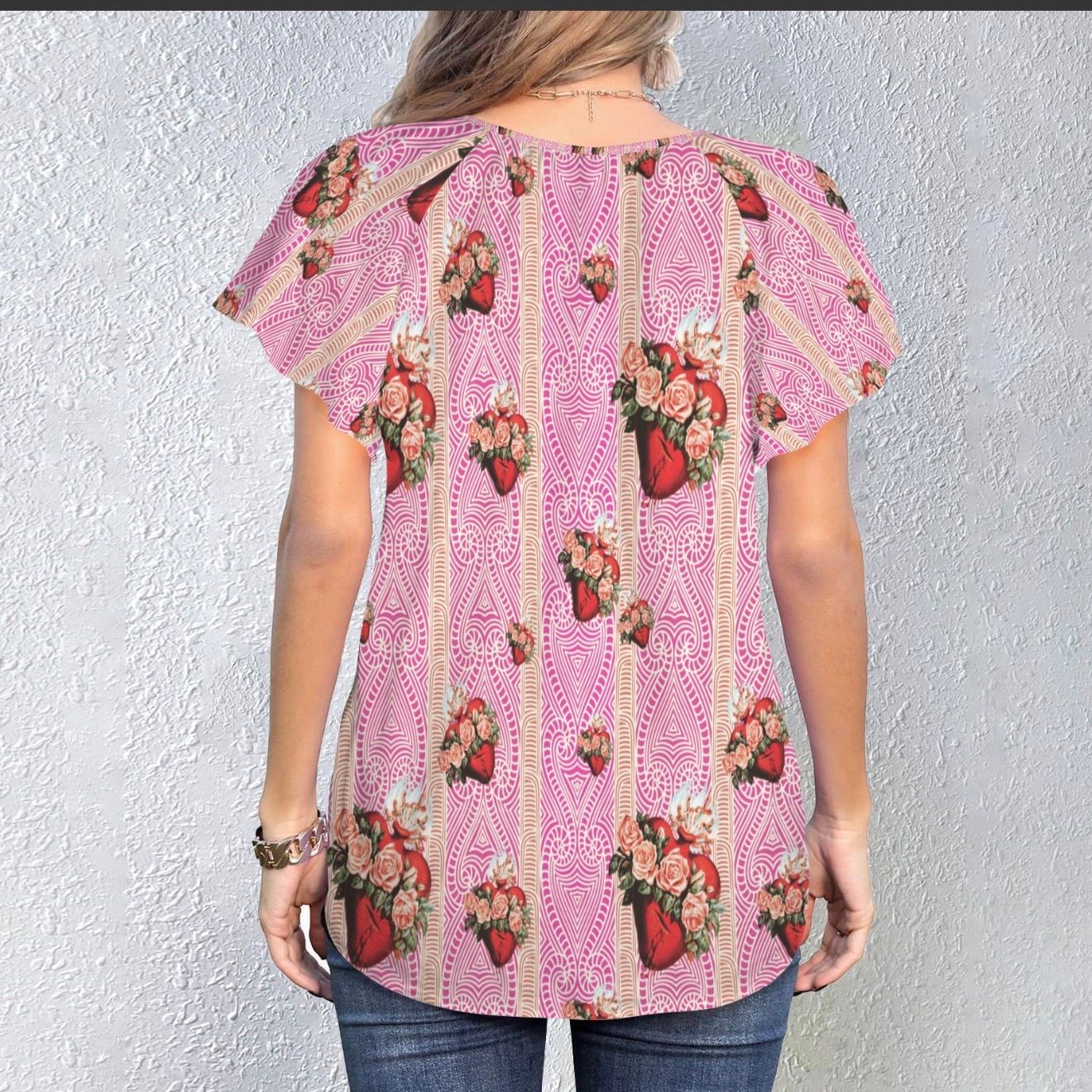 Ladies -Immaculate Heart of Mary on Pink Tribal Design - V-Neck Drawstring Blouse