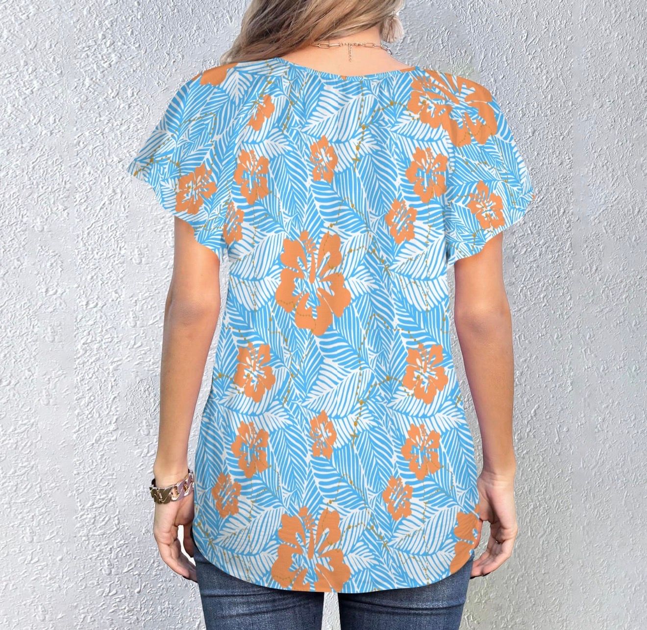 Ladies -Rosary Hibiscus Palms V-Neck Drawstring Blouse