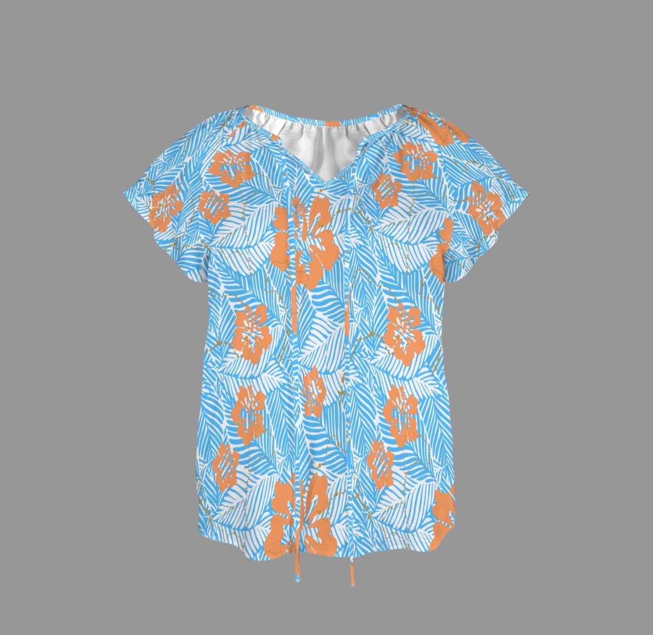 Ladies -Rosary Hibiscus Palms V-Neck Drawstring Blouse
