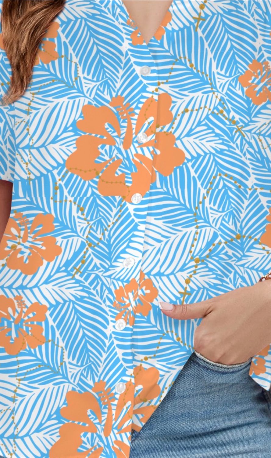 Ladies -Rosary Hibiscus Palms V-Neck Button Up Blouse