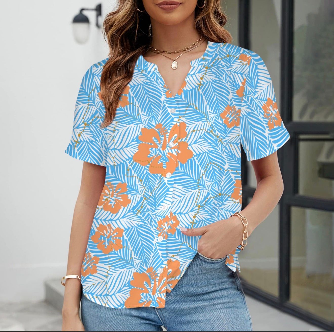 Ladies -Rosary Hibiscus Palms V-Neck Button Up Blouse