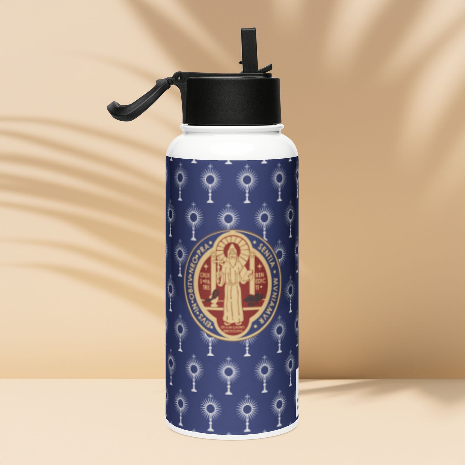 Stainless steel water bottle with a straw lid - St Benedict Medal