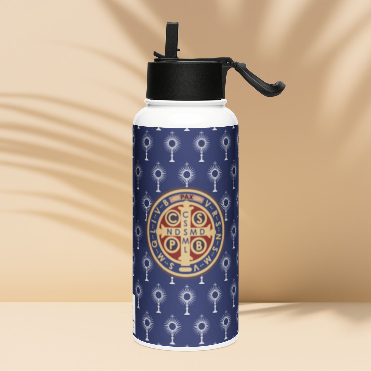Stainless steel water bottle with a straw lid - St Benedict Medal