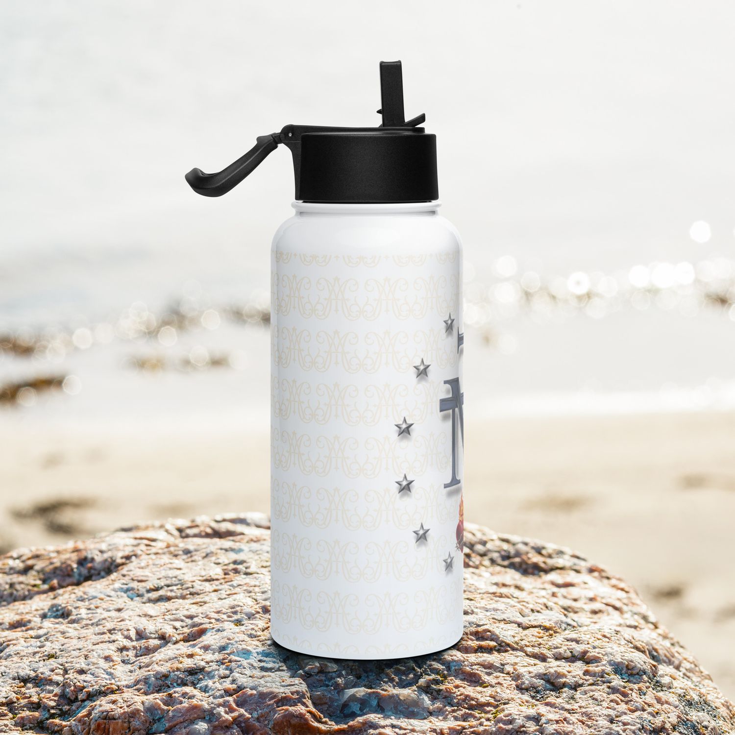 Stainless steel water bottle with a straw lid - Miraculous Medal