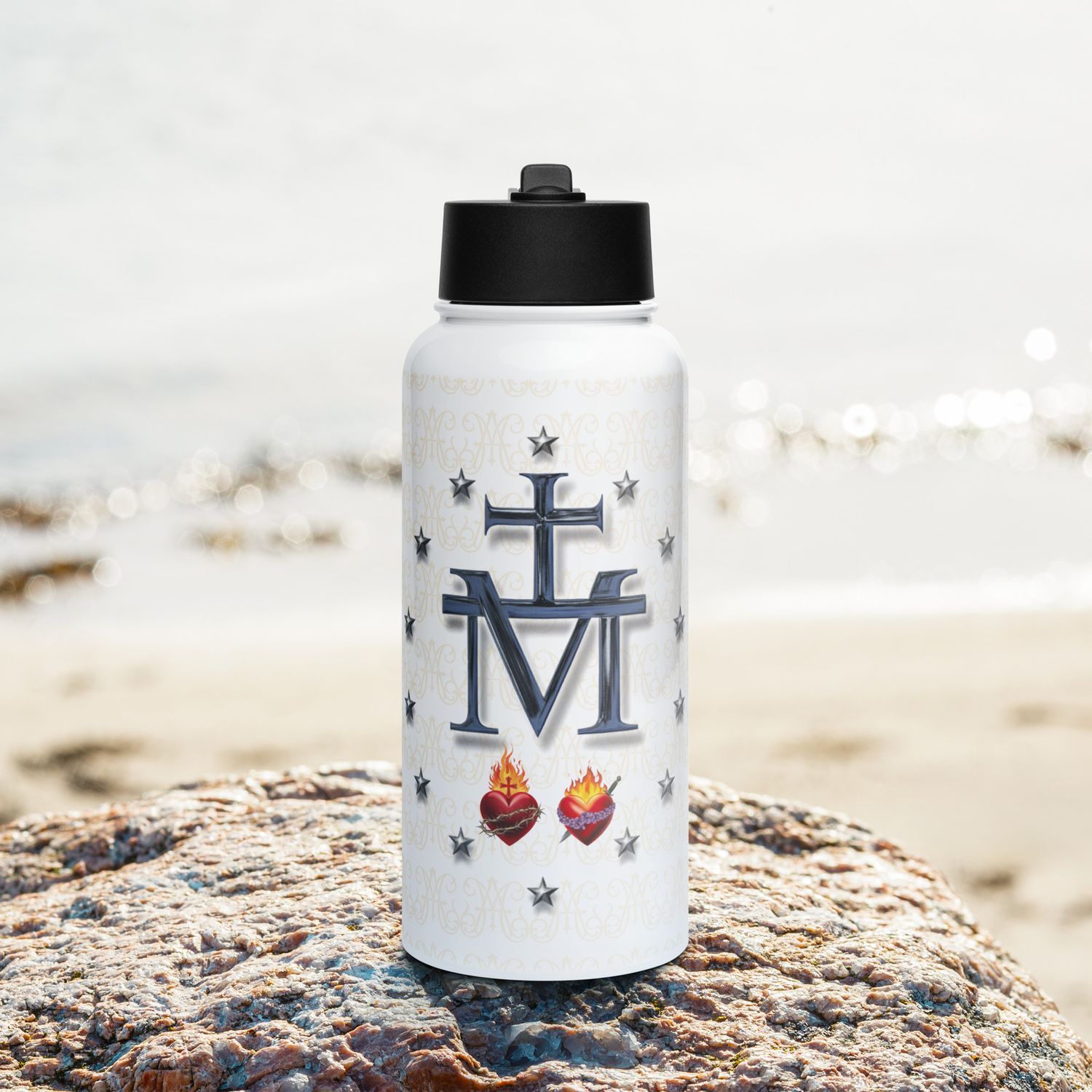 Stainless steel water bottle with a straw lid - Miraculous Medal