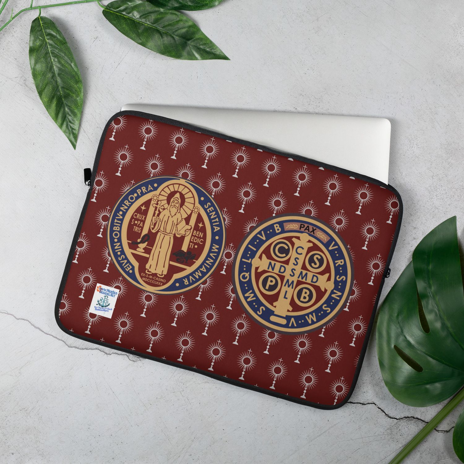 Laptop Sleeve - St. Benedict/Monstrance - Burgundy