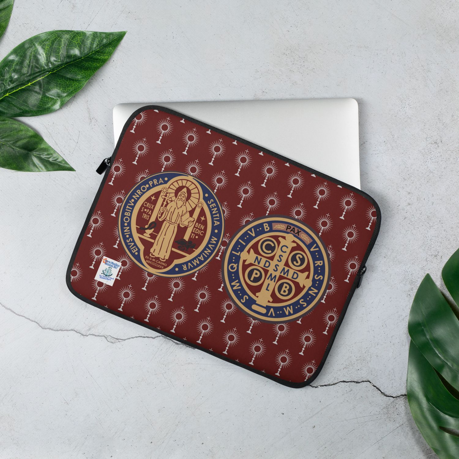 Laptop Sleeve - St. Benedict/Monstrance - Burgundy