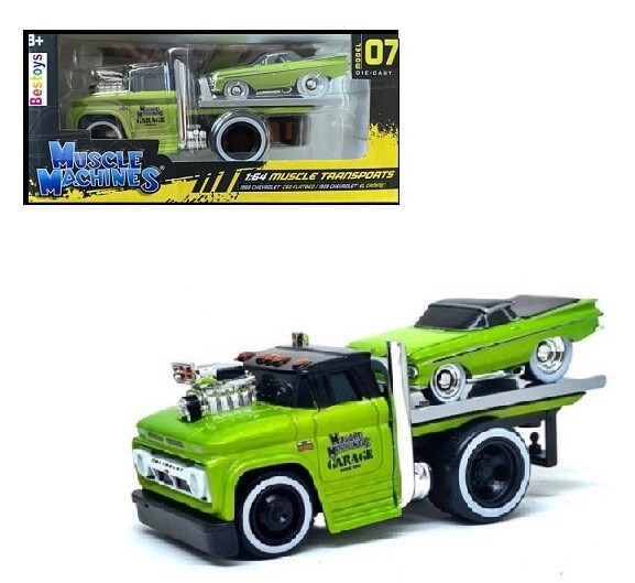 Maisto Muscle Machines Diecast Model Car Transport Chevy Chevrolet C 60 C60 Flatbed Recovery Truck 1966 + Chevy El Camino 1959