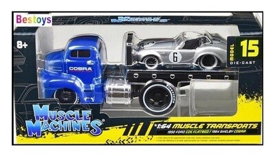 Maisto Muscle Machines Model Car Transport Ford COE Flatbed Truck 1950 + Shelby Cobra 1964 No 6 1/64 scale