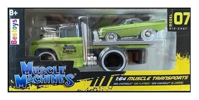 Maisto Muscle Machines Diecast Model Car Transport Chevy Chevrolet C 60 C60 Flatbed Recovery Truck 1966 + Chevy El Camino 1959