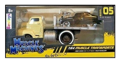Maisto Muscle Machines Diecast Model Car Transport Ford COE Flatbed Recovery Truck 1950 + Mercury 1949 1/64 scale