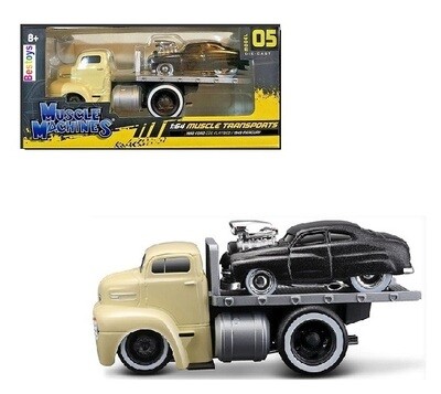 Maisto Muscle Machines Diecast Model Car Transport Ford COE Flatbed Recovery Truck 1950 + Mercury 1949 1/64 scale