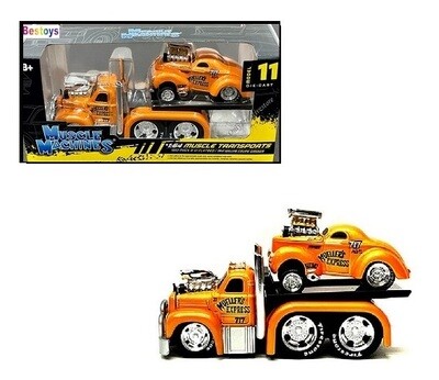 Maisto Muscle Machines Diecast Model Car Transport Mack B 61 B61 Flatbed Truck 1953 + Willys Coupe Gasser 1941