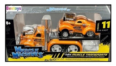 Maisto Muscle Machines Diecast Model Car Transport Mack B 61 B61 Flatbed Truck 1953 + Willys Coupe Gasser 1941