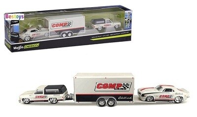 Maisto Model Car Design Series Team Hauler Chevy Chevrolet K 5 K5 1979 + Chevy Camaro Z 28 Z28 1968 + Enclosed Car Trailer &quot;Comp Cams&quot;