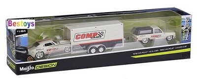 Maisto Model Car Design Series Team Hauler Chevy Chevrolet K 5 K5 1979 + Chevy Camaro Z 28 Z28 1968 + Enclosed Car Trailer "Comp Cams"
