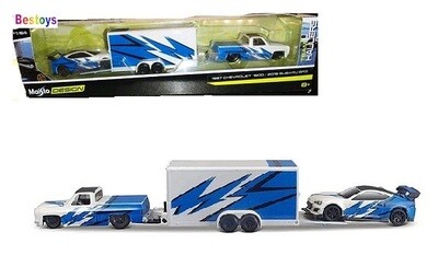 Maisto Model Car Design Series Team Hauler Chevy Chevrolet 1500 Pickup 1987 + Subaru BRZ 2019 + Enclosed Car Trailer