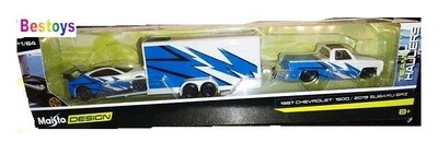 Maisto Model Car Design Series Team Hauler Chevy Chevrolet 1500 Pickup 1987 + Subaru BRZ 2019 + Enclosed Car Trailer