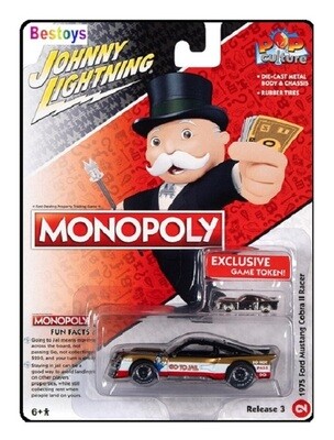 Johnny Lightning Diecast Model Car Pop Culture Ford Mustang Cobra 2 Racer  1975 "Monopoly" + Game Token 1/64 scale new in pack