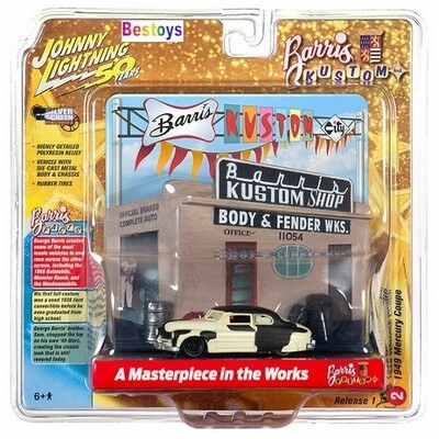 Johnny Lightning Diecast Model Car Mercury Coupe 1949 + "Barris Kustom Shop" resin Garage Workshop diorama 1/64 scale new in pack