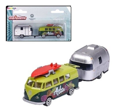 Majorette Diecast Model Car 2 pk VW Volkswagen Kombi T 1 T1 Bus + Surfboard &amp; Eriba Puck Caravan 1/64 scale