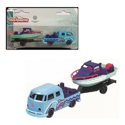 Majorette Diecast Model Car 2 pk VW Volkswagen Kombi T 1 T1 Double Cab Pickup + Boat &amp; Trailer 1/64 scale