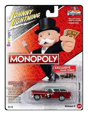 Johnny Lightning Diecast Model Car Pop Culture Chevy Chevrolet Nomad 1955 "Monopoly" + Game Token 1/64 scale new in pack