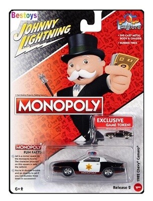 Johnny Lightning Diecast Model Car Pop Culture Chevy Chevrolet Camaro 1982 "Monopoly" + Game Token 1/564 scale new in pack