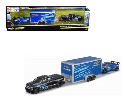 Maisto Diecast Model Car Design Series Hauler Chevy Chevrolet Silverado SS 2004 + Camaro SS 2016 + Enclosed Trailer