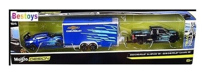 Maisto Diecast Model Car Design Series Hauler Chevy Chevrolet Silverado SS 2004 + Camaro SS 2016 + Enclosed Trailer
