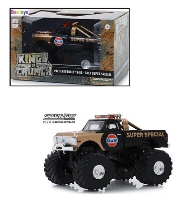 Greenlight Diecast Model Car Kings of Crunch Monster Trucks Chevy Chevrolet K 10 K10 1971 &quot;Gulf&quot; Super Special&quot; 1/43 scale new in pack