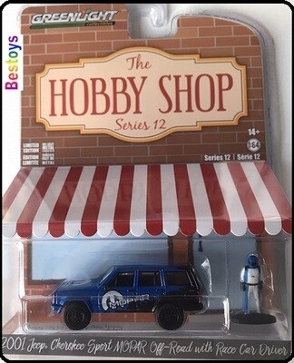 Greenlight Diecast Model Car Hobby Shop Jeep Cherokee Sport MOPAR 2001 + Race Car Driver 1/64 scale new in pack