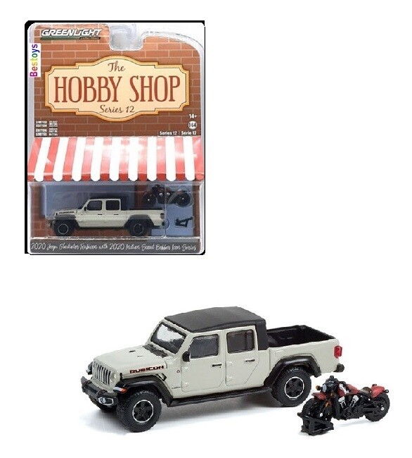 Greenlight Diecast Model Car Hobby Shop Jeep Gladiator Rubicon 2020 + Indian Scout Bobber 2020 Bike 1/64 scale new in pack