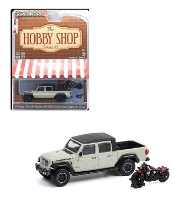 Greenlight Diecast Model Car Hobby Shop Jeep Gladiator Rubicon 2020 + Indian Scout Bobber 2020 Bike 1/64 scale new in pack