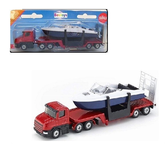 SIKU 1613 Scania Truck &amp; trailer with Motor Launch Boat +- 1/100 scale new in pack