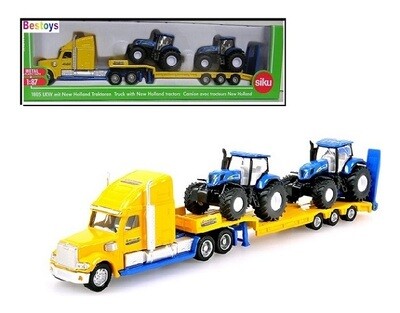 SIKU Diecast Model 1805 Peterbilt Truck and lowbed trailer with 2 New Holland Tractors 1/87 HO railway scale new in pack