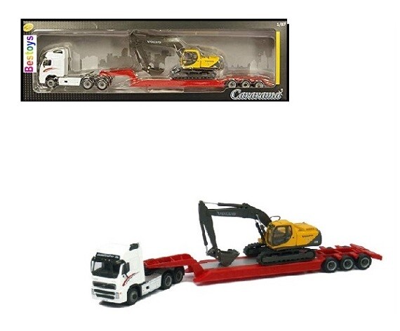 Cararama Hongwell Diecast Model Truck &amp; Lowbed Trailer Volvo FH 12 FH12 + EC 210 Excavator Construction 1/87 HO railway scale new in pack